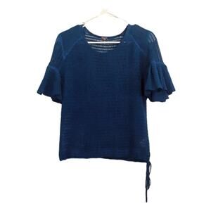 FREE PEOPLE Blue Ruffle Sweater S XS Short Sleeve Open Weave Drawstring Waist